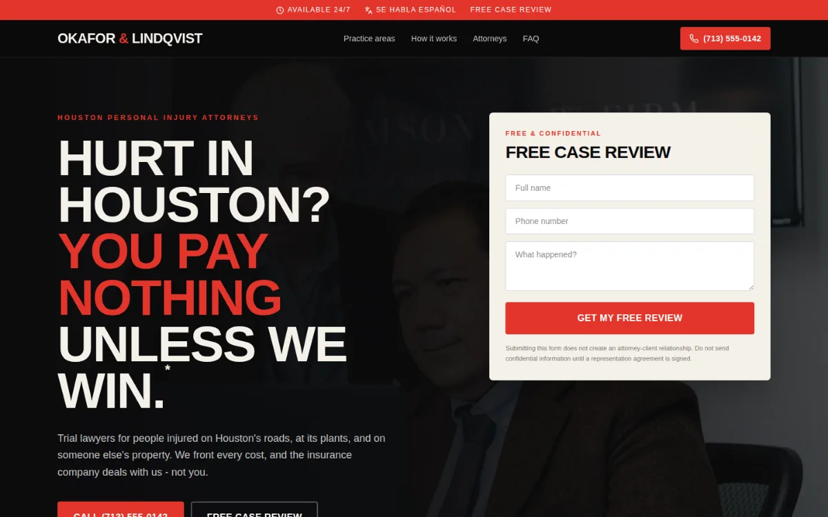 Screenshot of the Okafor & Lindqvist Injury Law demonstration website
